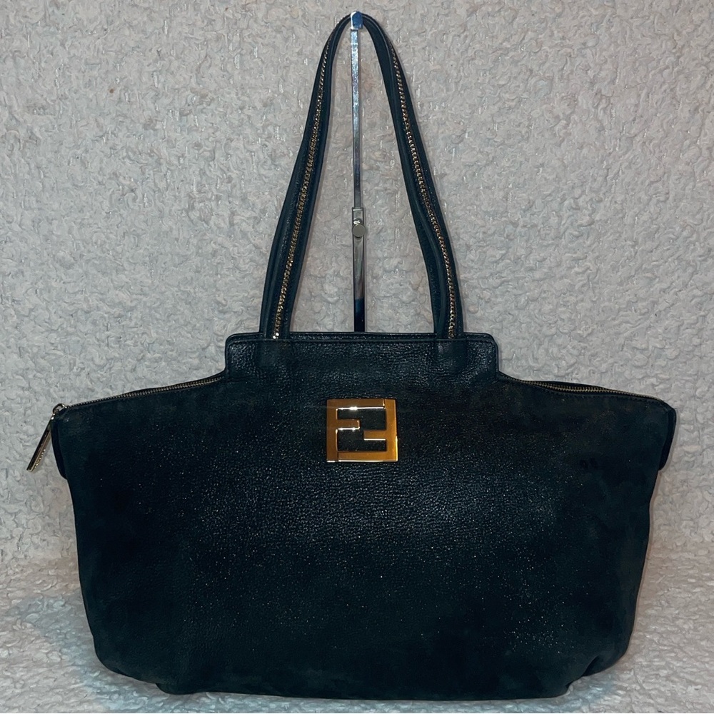 Fendi Lampo Chain Zip Tote Bag in Rare Midnight Shimmer Metallic Black Leather